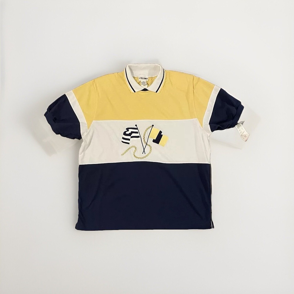 Alfred Dunmer Women Blue Yellow Nautical Stripe Short Sleeve Polo Size 42 NWT